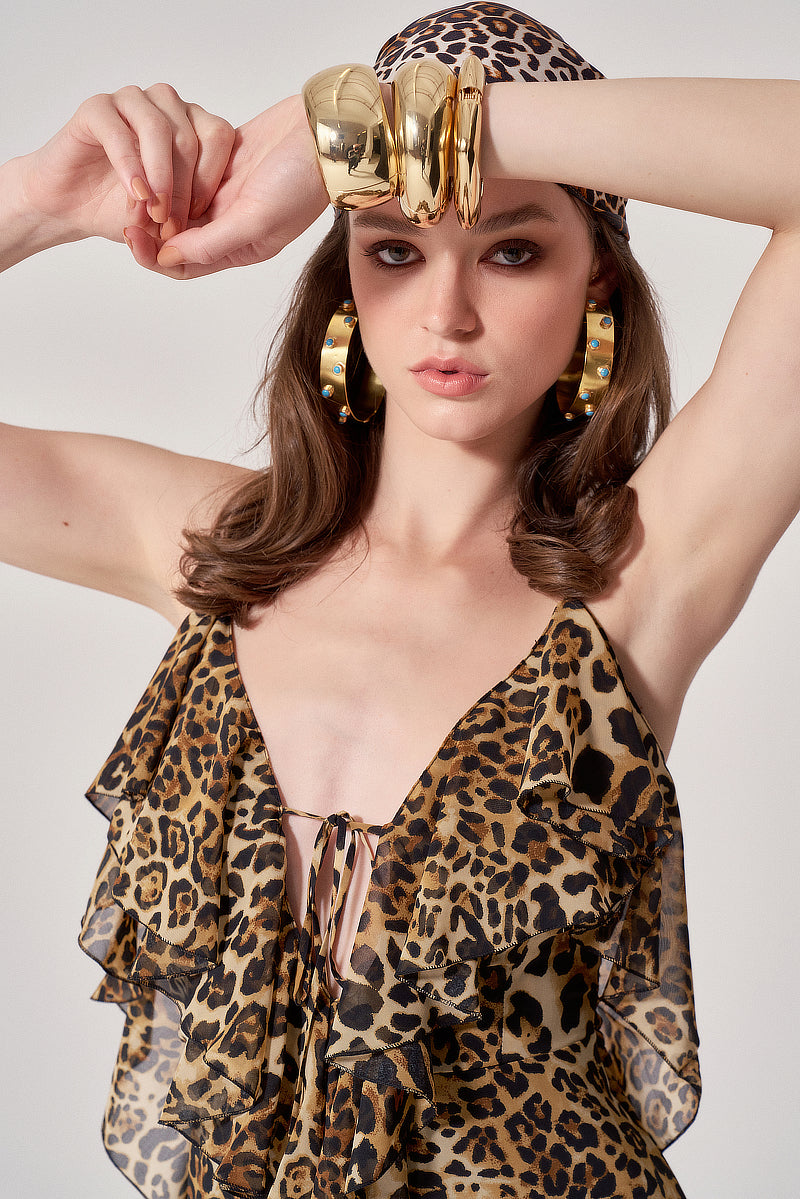 LEOPARD CHIFFON RUFFLED GOWN - CULT MIA
