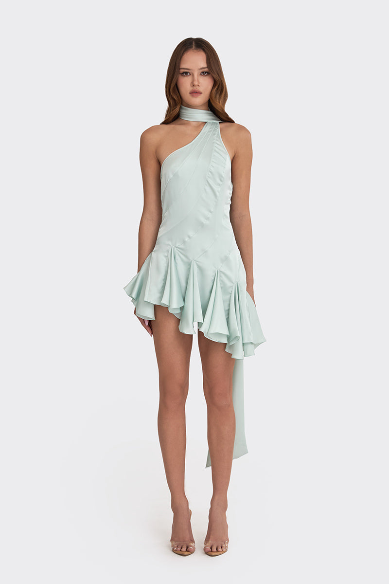 MS. GODET ASYMMETRIC DRESS IN GREEN - CULT MIA