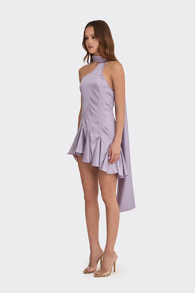 MS. GODET ASYMMETRIC DRESS IN DUSTY PURPLE - CULT MIA