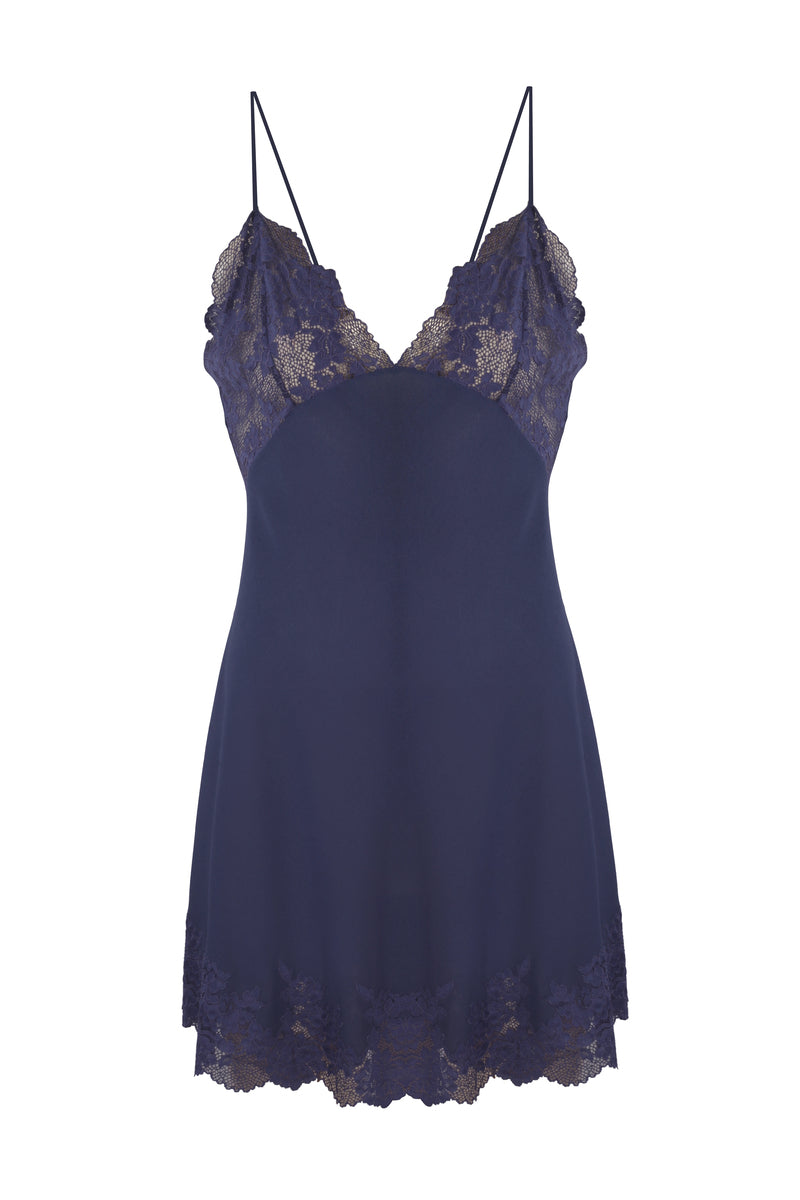 SIMONE SILKY CREPE MINI NAVY SLIP DRESS - CULT MIA