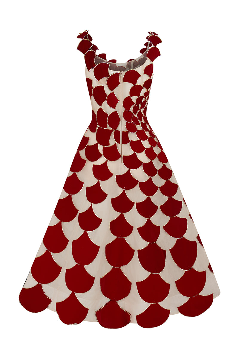 A-LINE SHEER TULLE DRESS WITH RED VELVET FABRIC CUTS - CULT MIA