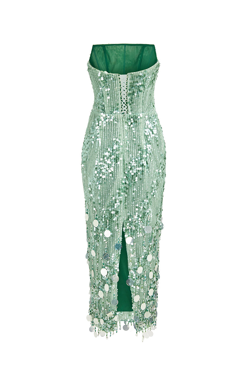 GREEN SEQUIN STRAPLESS DRESS - CULT MIA