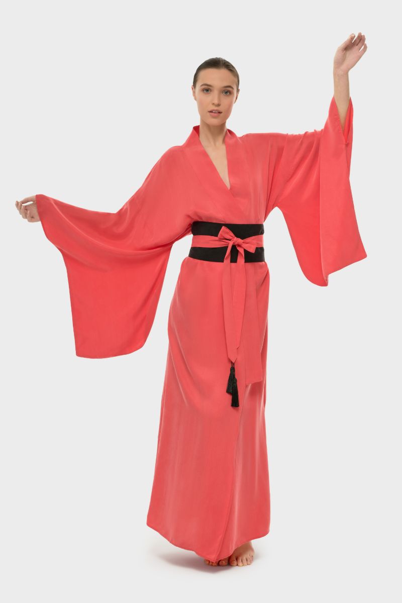 AQUAFLORA ANYA ORIENTAL KIMONO ROBE IN CORAL - CULT MIA
