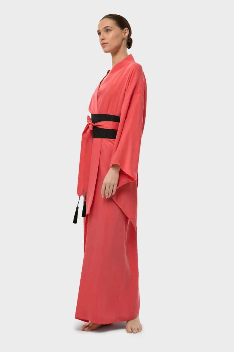 AQUAFLORA ANYA ORIENTAL KIMONO ROBE IN CORAL - CULT MIA