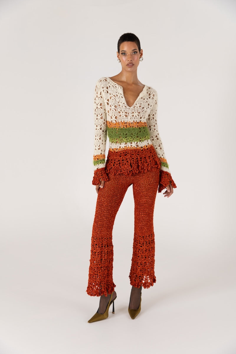 CHRYSANTHEMUM TERRACOTTA HANDMADE CROCHET PANTS - CULT MIA