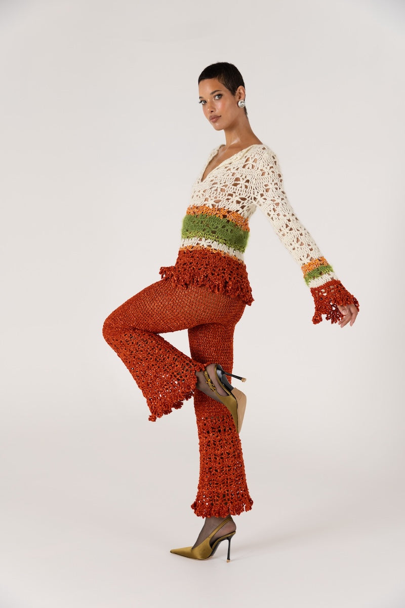 CHRYSANTHEMUM TERRACOTTA HANDMADE CROCHET PANTS - CULT MIA