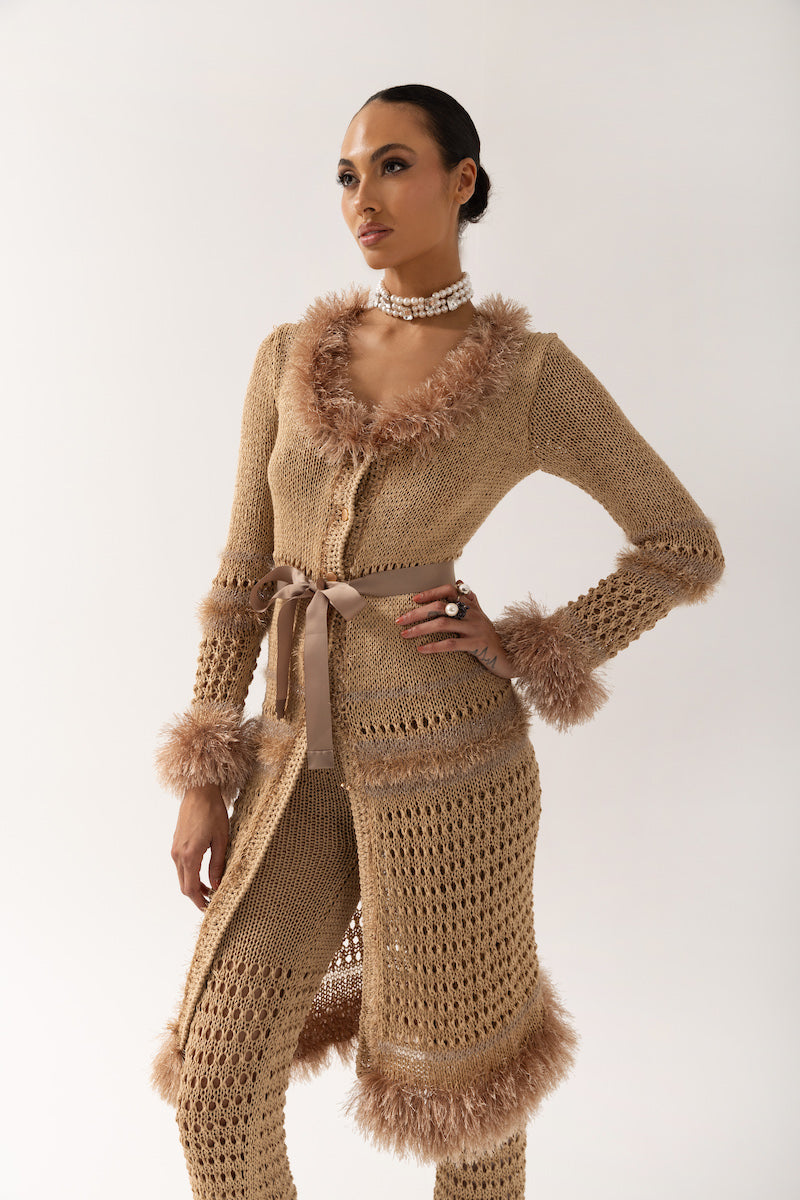 CAMILA BROWN HANDMADE KNIT CARDIGAN-DRESS - CULT MIA