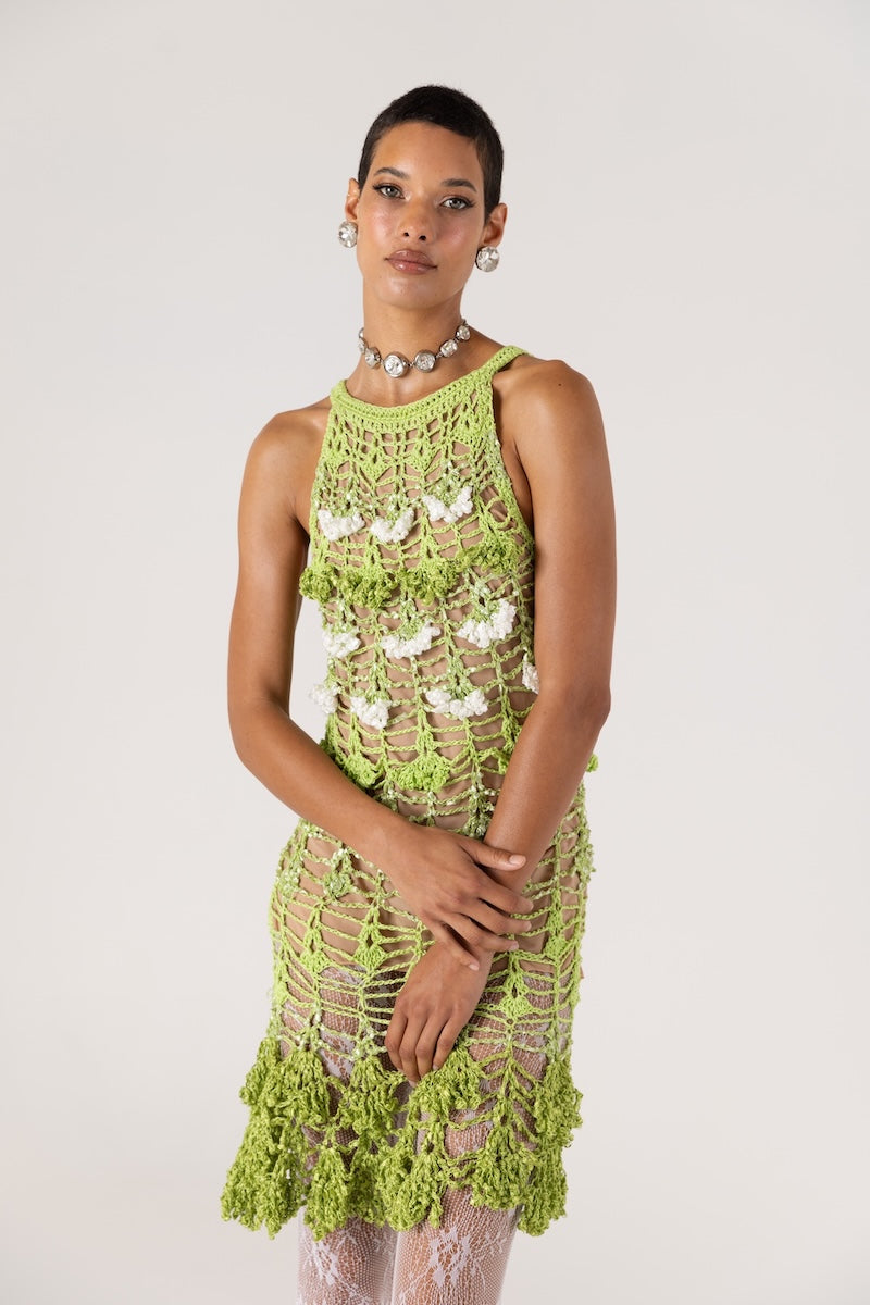 CHRYSANTHEMUM MINI GREEN HANDMADE CROCHET DRESS - CULT MIA