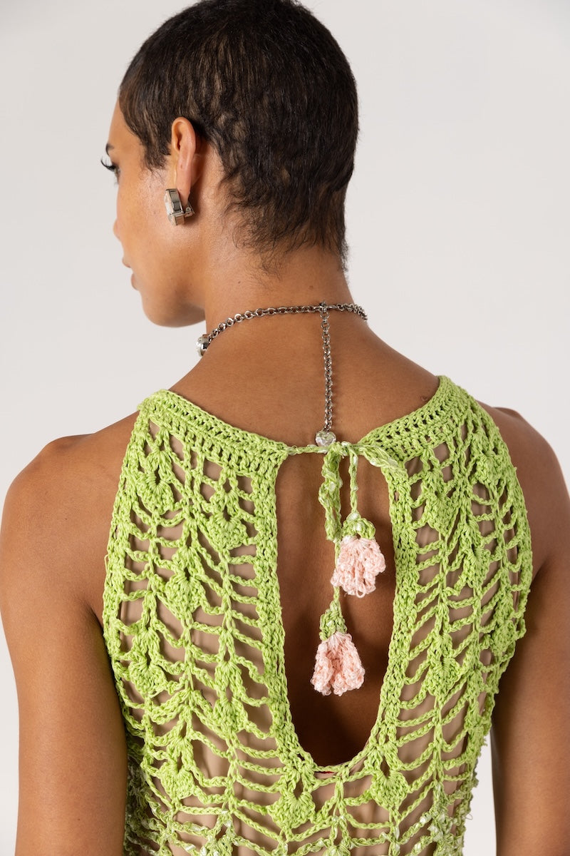 CHRYSANTHEMUM MINI GREEN HANDMADE CROCHET DRESS - CULT MIA