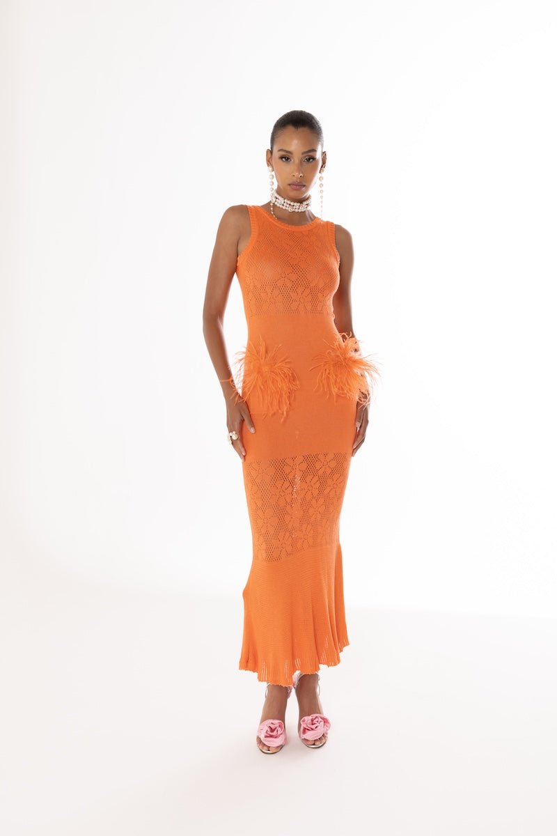 VANILLA CORAL KNIT DRESS WITH FEATHERS - CULT MIA