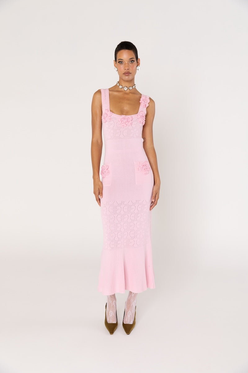 ROSE VANILLA KNIT DRESS WITH HANDMADE KNIT DETAILS - CULT MIA