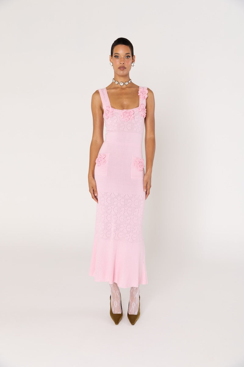 ROSE VANILLA KNIT DRESS WITH HANDMADE KNIT DETAILS - CULT MIA