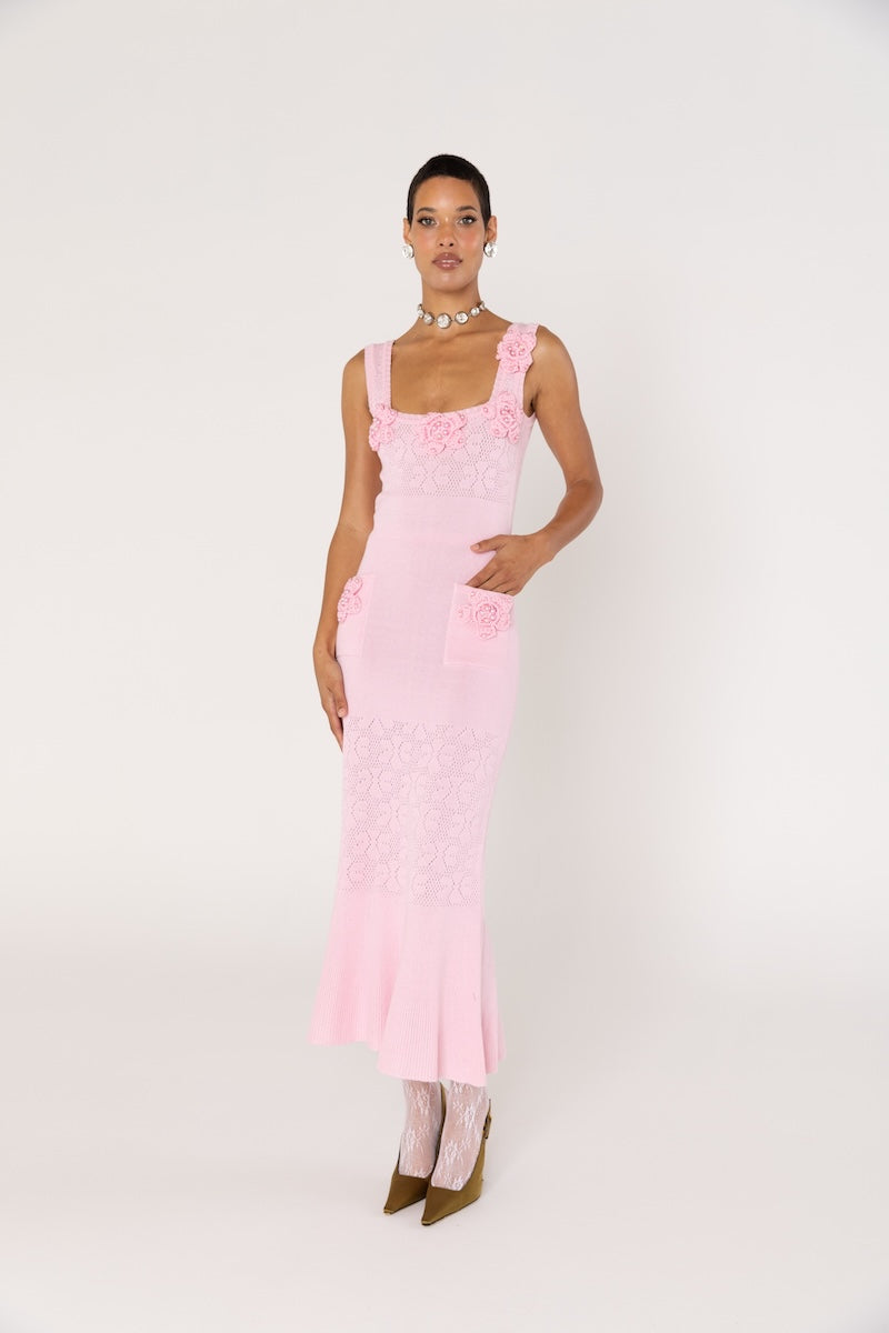 ROSE VANILLA KNIT DRESS WITH HANDMADE KNIT DETAILS - CULT MIA