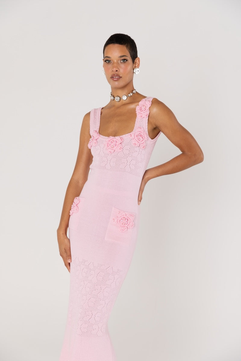 ROSE VANILLA KNIT DRESS WITH HANDMADE KNIT DETAILS - CULT MIA