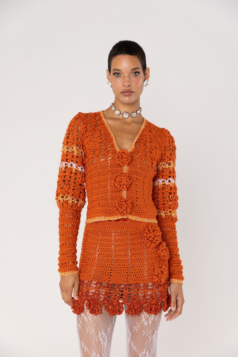 CHRYSANTHEMUM TERRACOTTA HANDMADE CROCHET CARDIGAN - CULT MIA