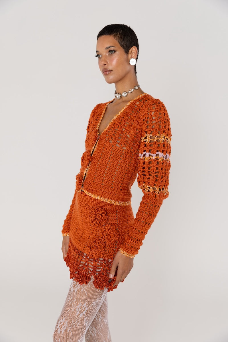 CHRYSANTHEMUM TERRACOTTA HANDMADE CROCHET CARDIGAN - CULT MIA