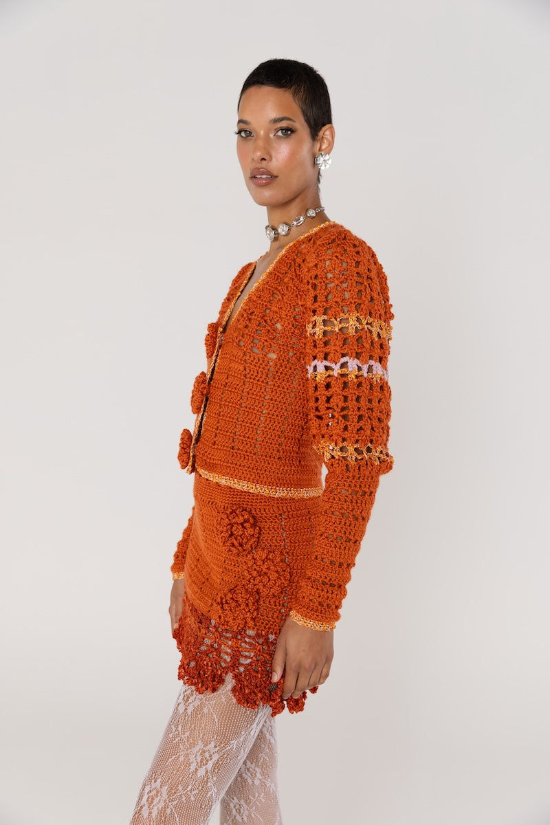 CHRYSANTHEMUM TERRACOTTA HANDMADE CROCHET CARDIGAN - CULT MIA