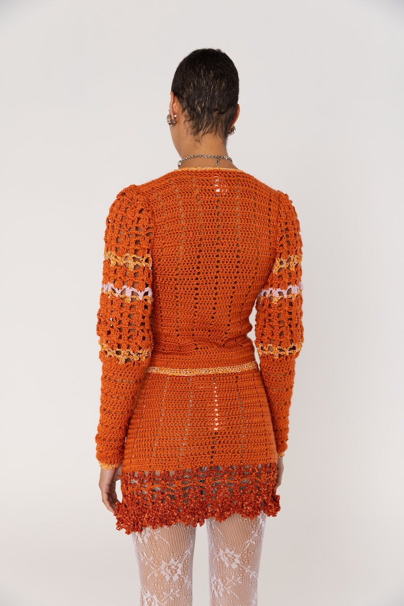 CHRYSANTHEMUM TERRACOTTA HANDMADE CROCHET CARDIGAN - CULT MIA