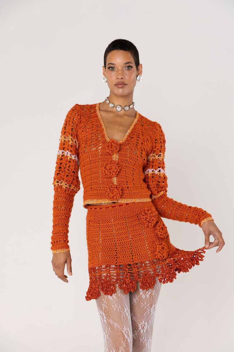 CHRYSANTHEMUM TERRACOTTA HANDMADE CROCHET CARDIGAN - CULT MIA