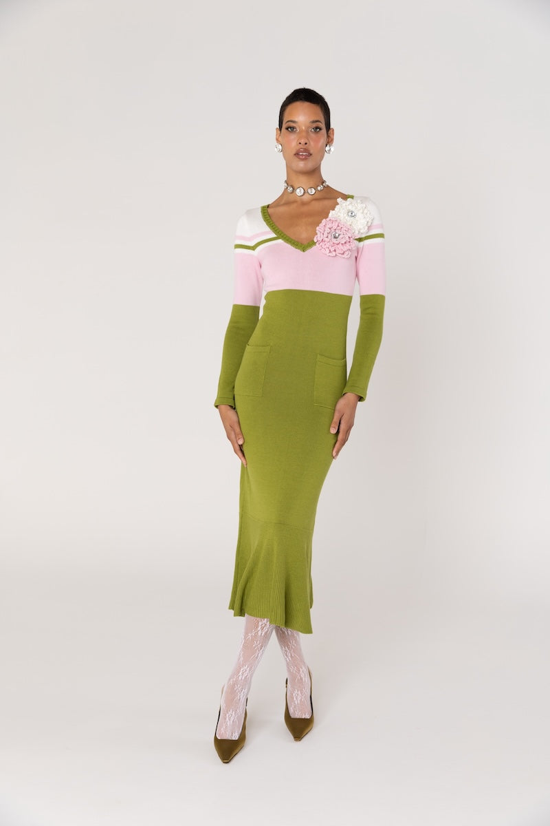 CHRYSANTHEMUM GREEN KNIT DRESS WITH SWAROVSKI DETAILS - CULT MIA