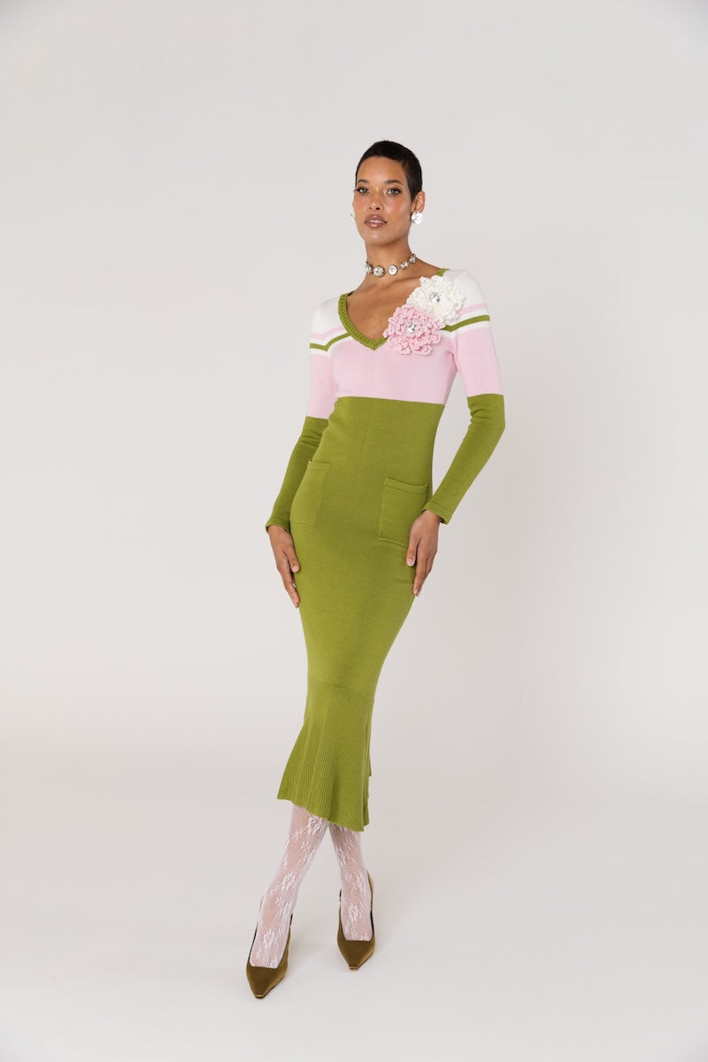 CHRYSANTHEMUM GREEN KNIT DRESS WITH SWAROVSKI DETAILS - CULT MIA