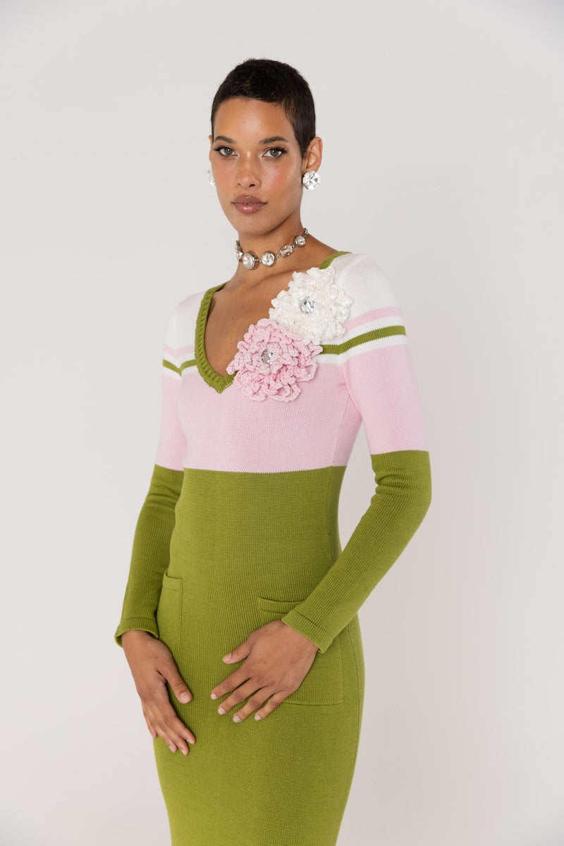 CHRYSANTHEMUM GREEN KNIT DRESS WITH SWAROVSKI DETAILS - CULT MIA