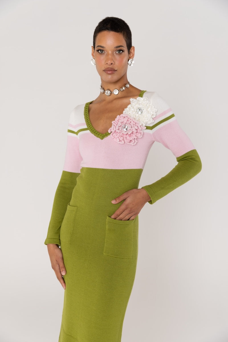 CHRYSANTHEMUM GREEN KNIT DRESS WITH SWAROVSKI DETAILS - CULT MIA