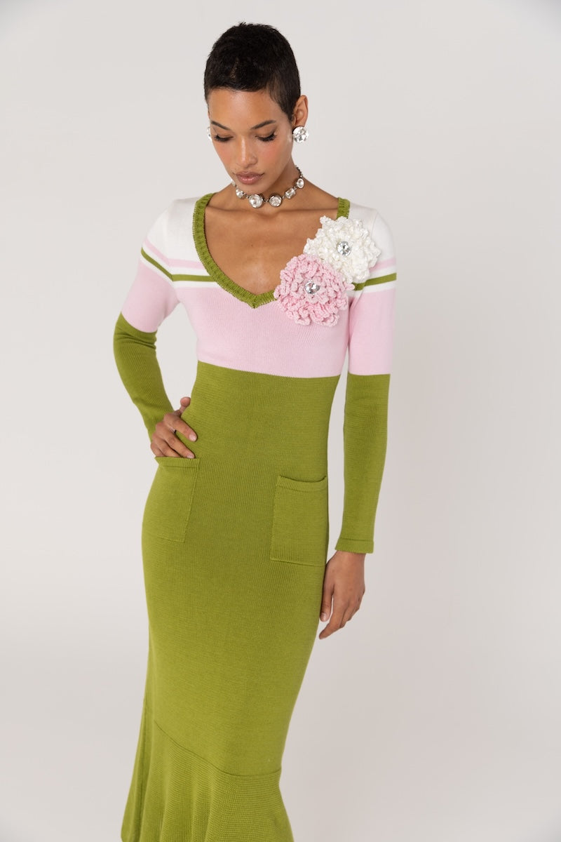 CHRYSANTHEMUM GREEN KNIT DRESS WITH SWAROVSKI DETAILS - CULT MIA