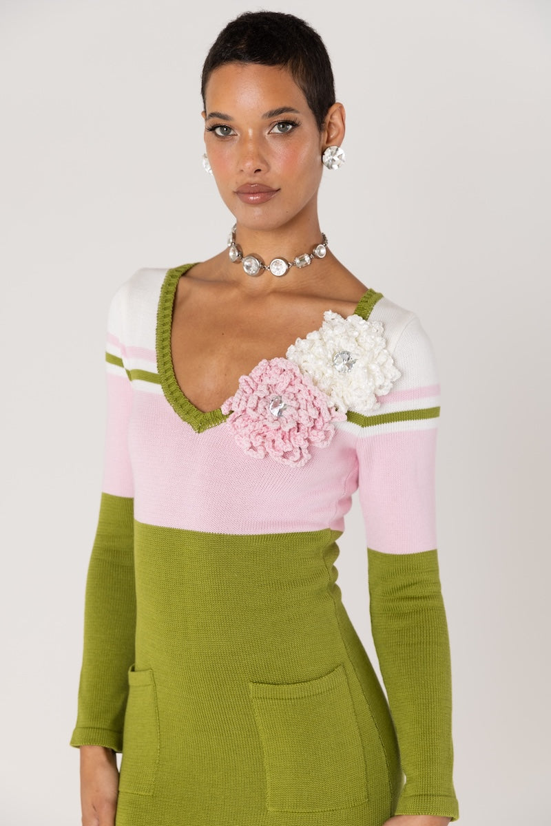 CHRYSANTHEMUM GREEN KNIT DRESS WITH SWAROVSKI DETAILS - CULT MIA