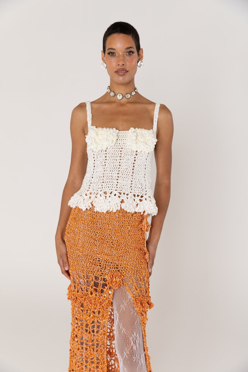 CHRYSANTHEMUM WHITE HANDMADE CROCHET TOP - CULT MIA