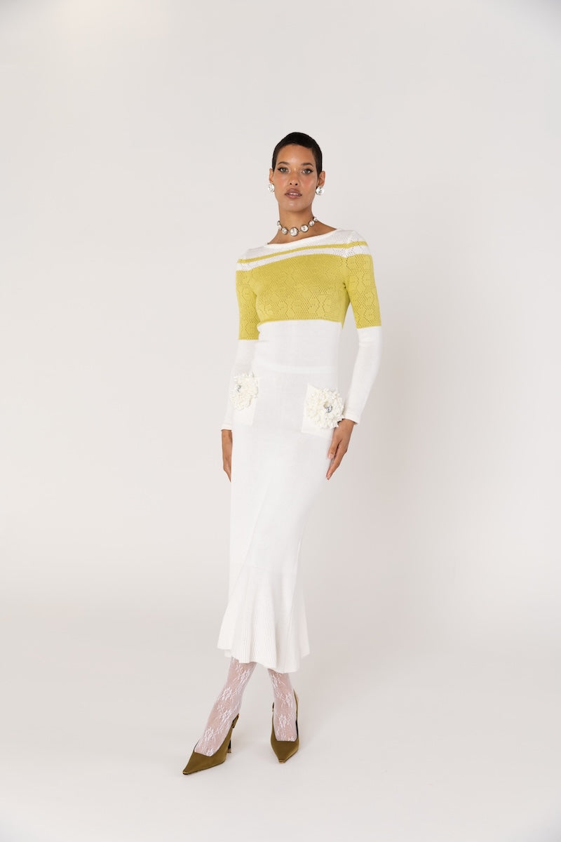 CHRYSANTHEMUM WHITE KNIT DRESS WITH SWAROVSKI DETAILS - CULT MIA