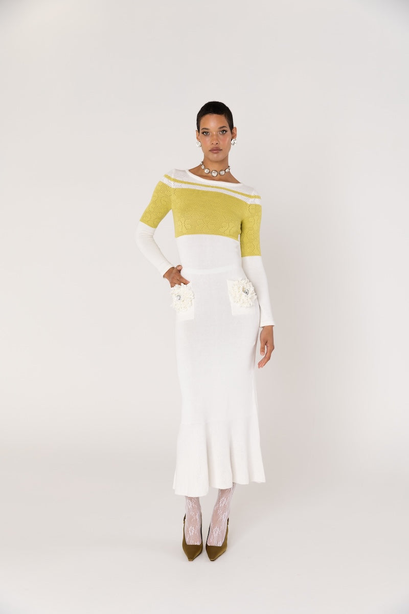CHRYSANTHEMUM WHITE KNIT DRESS WITH SWAROVSKI DETAILS - CULT MIA