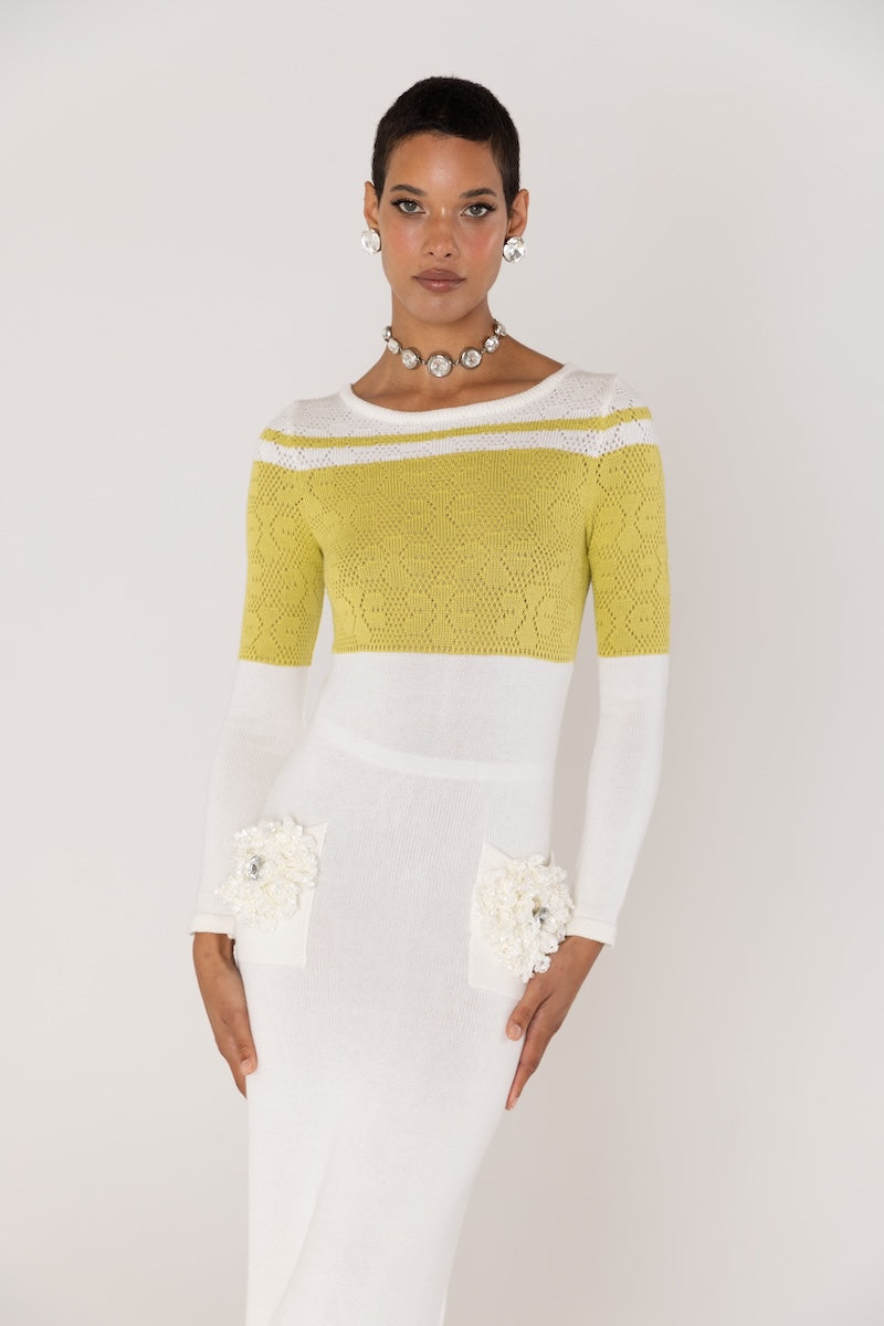 CHRYSANTHEMUM WHITE KNIT DRESS WITH SWAROVSKI DETAILS - CULT MIA