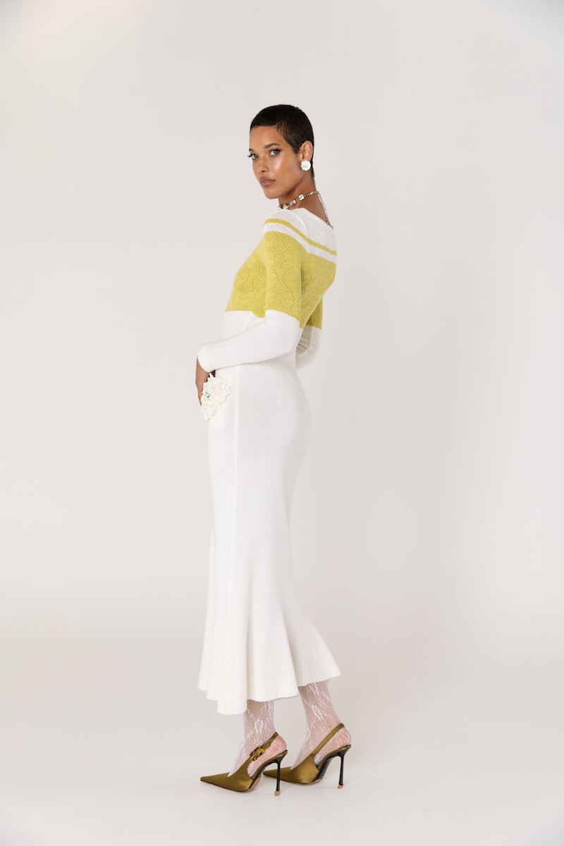CHRYSANTHEMUM WHITE KNIT DRESS WITH SWAROVSKI DETAILS - CULT MIA