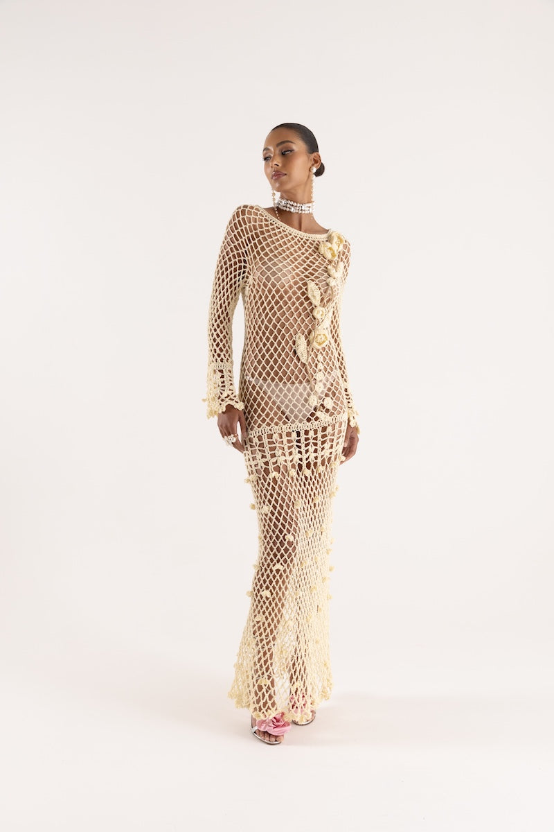 BUTTER YELLOW VANILLA HANDMADE CROCHET DRESS - CULT MIA