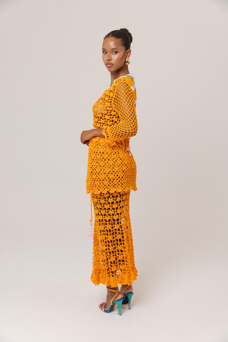 CALIFORNIA POPPY ORANGE HANDMADE KNIT MIDI SKIRT - CULT MIA