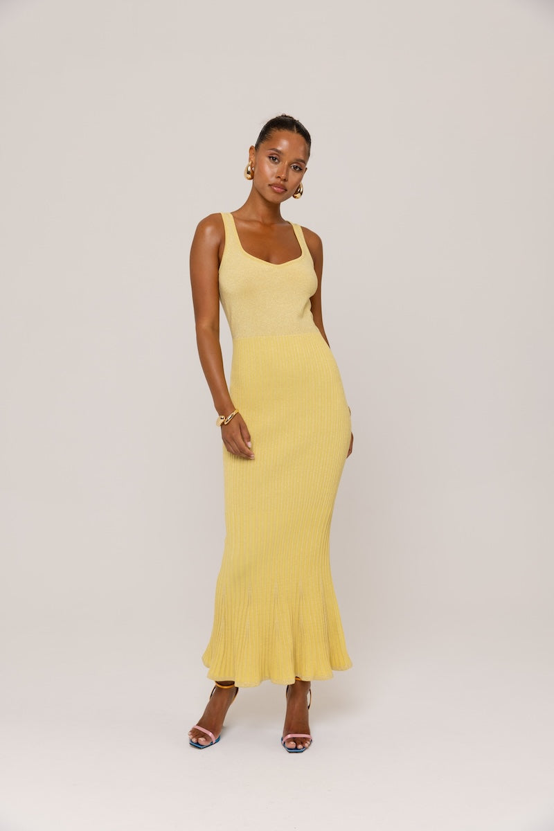 BUTTER YELLOW METALLIC KNIT DRESS - CULT MIA