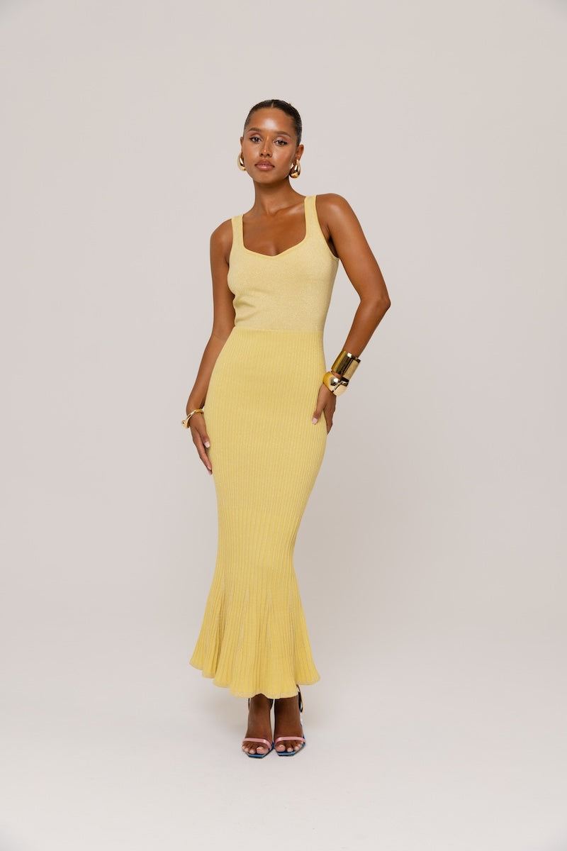 BUTTER YELLOW METALLIC KNIT DRESS - CULT MIA