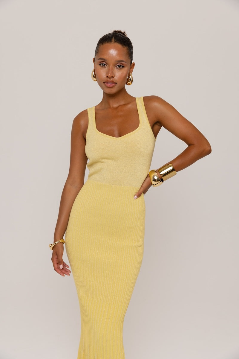 BUTTER YELLOW METALLIC KNIT DRESS - CULT MIA