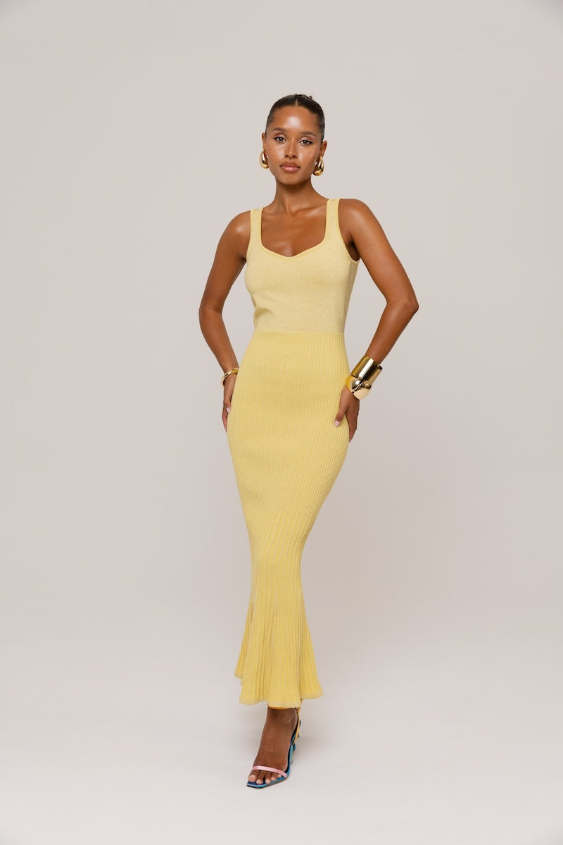 BUTTER YELLOW METALLIC KNIT DRESS - CULT MIA
