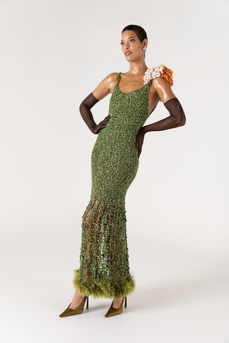 CHRYSANTHEMUM GREEN MAXI HANDMADE CROCHET DRESS - CULT MIA