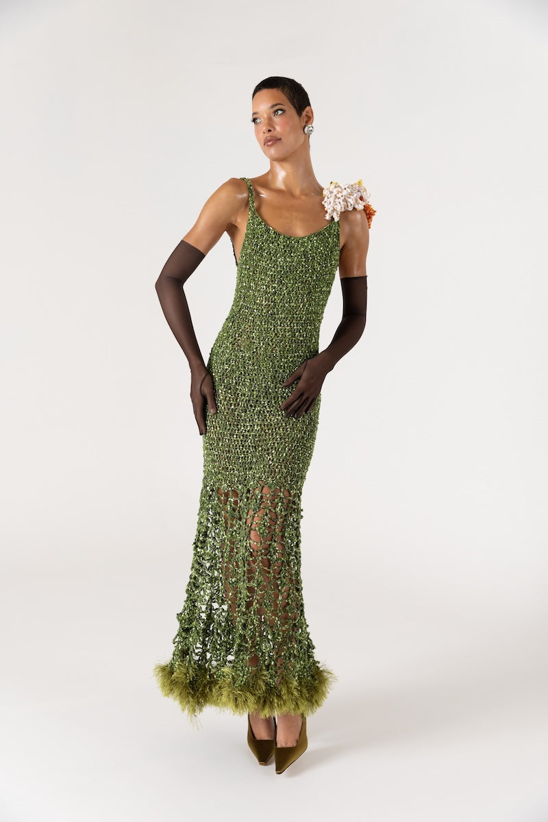 CHRYSANTHEMUM GREEN MAXI HANDMADE CROCHET DRESS - CULT MIA