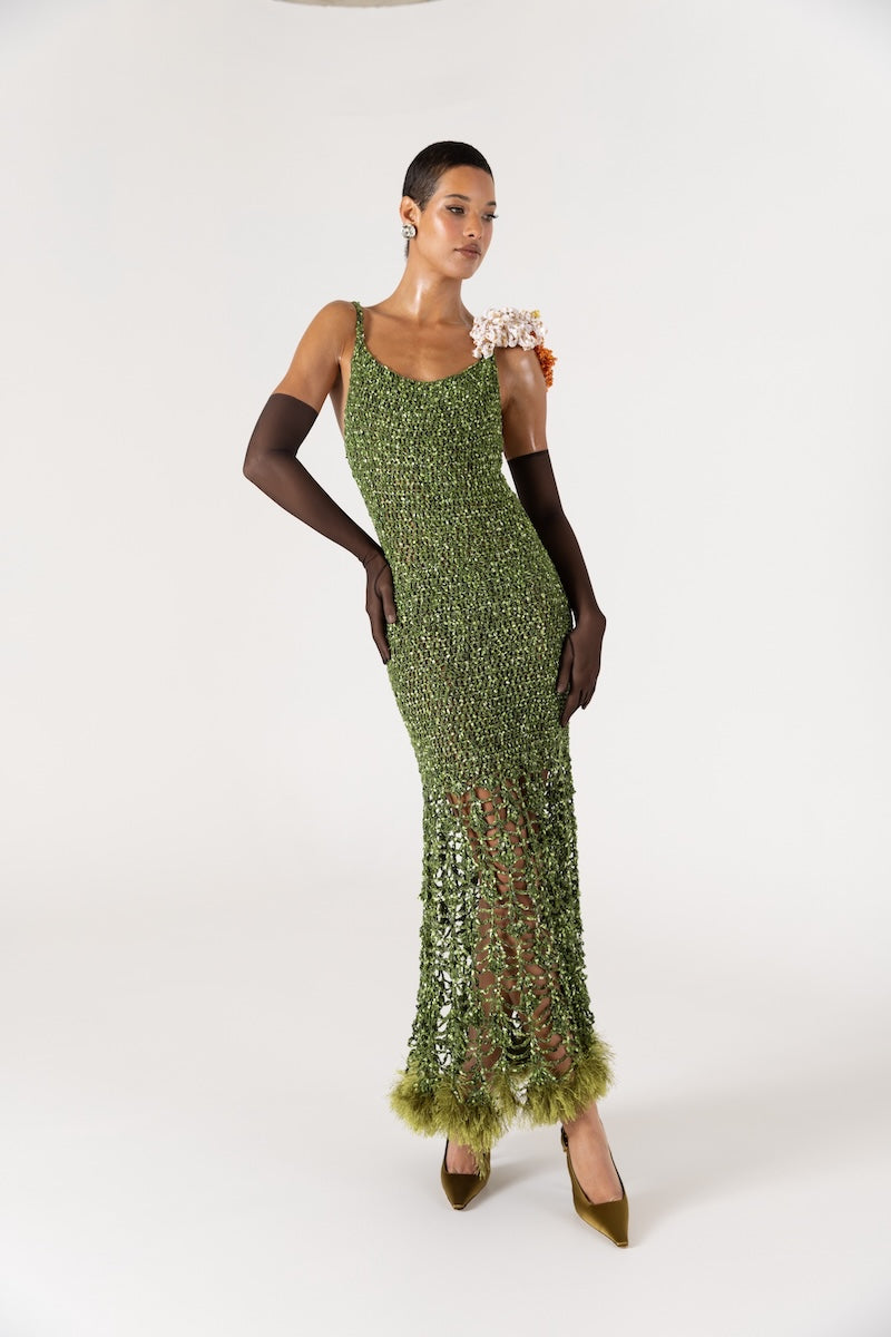 CHRYSANTHEMUM GREEN MAXI HANDMADE CROCHET DRESS - CULT MIA