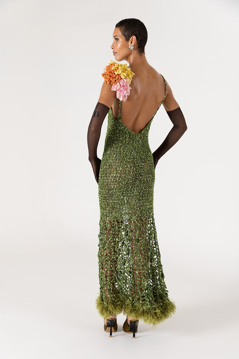 CHRYSANTHEMUM GREEN MAXI HANDMADE CROCHET DRESS - CULT MIA