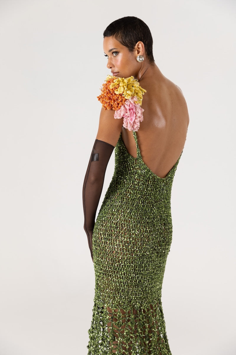 CHRYSANTHEMUM GREEN MAXI HANDMADE CROCHET DRESS - CULT MIA