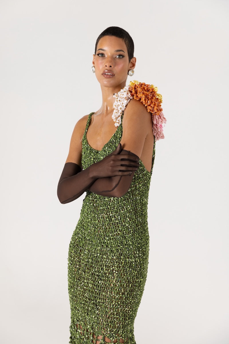CHRYSANTHEMUM GREEN MAXI HANDMADE CROCHET DRESS - CULT MIA
