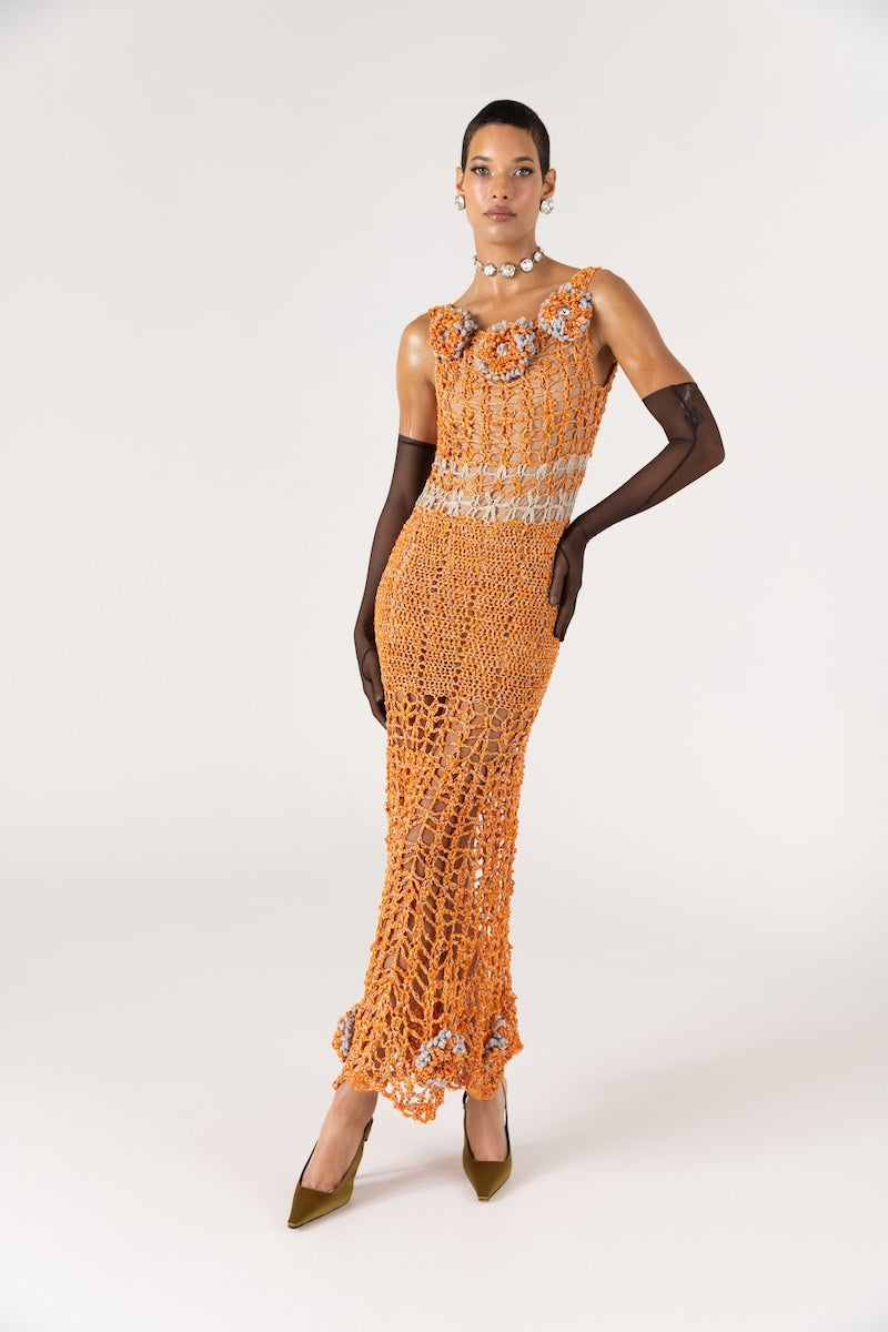 ORANGE CHRYSANTHEMUM HANDMADE MAXI CROCHET DRESS - CULT MIA
