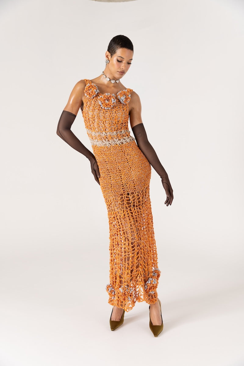 ORANGE CHRYSANTHEMUM HANDMADE MAXI CROCHET DRESS - CULT MIA