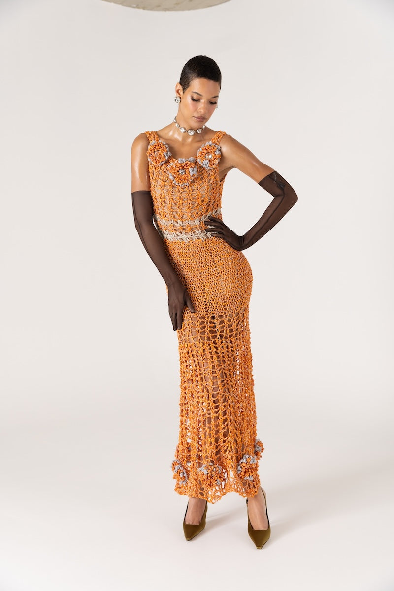 ORANGE CHRYSANTHEMUM HANDMADE MAXI CROCHET DRESS - CULT MIA