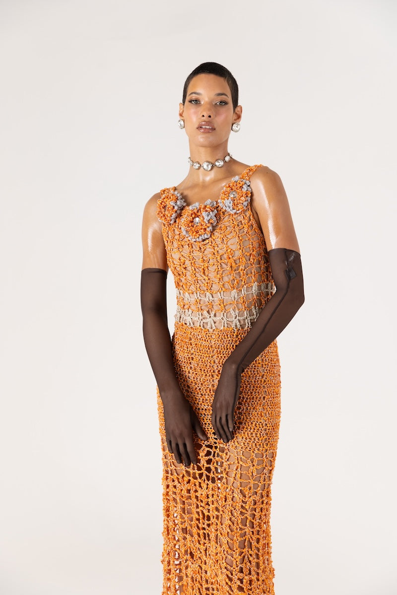 ORANGE CHRYSANTHEMUM HANDMADE MAXI CROCHET DRESS - CULT MIA